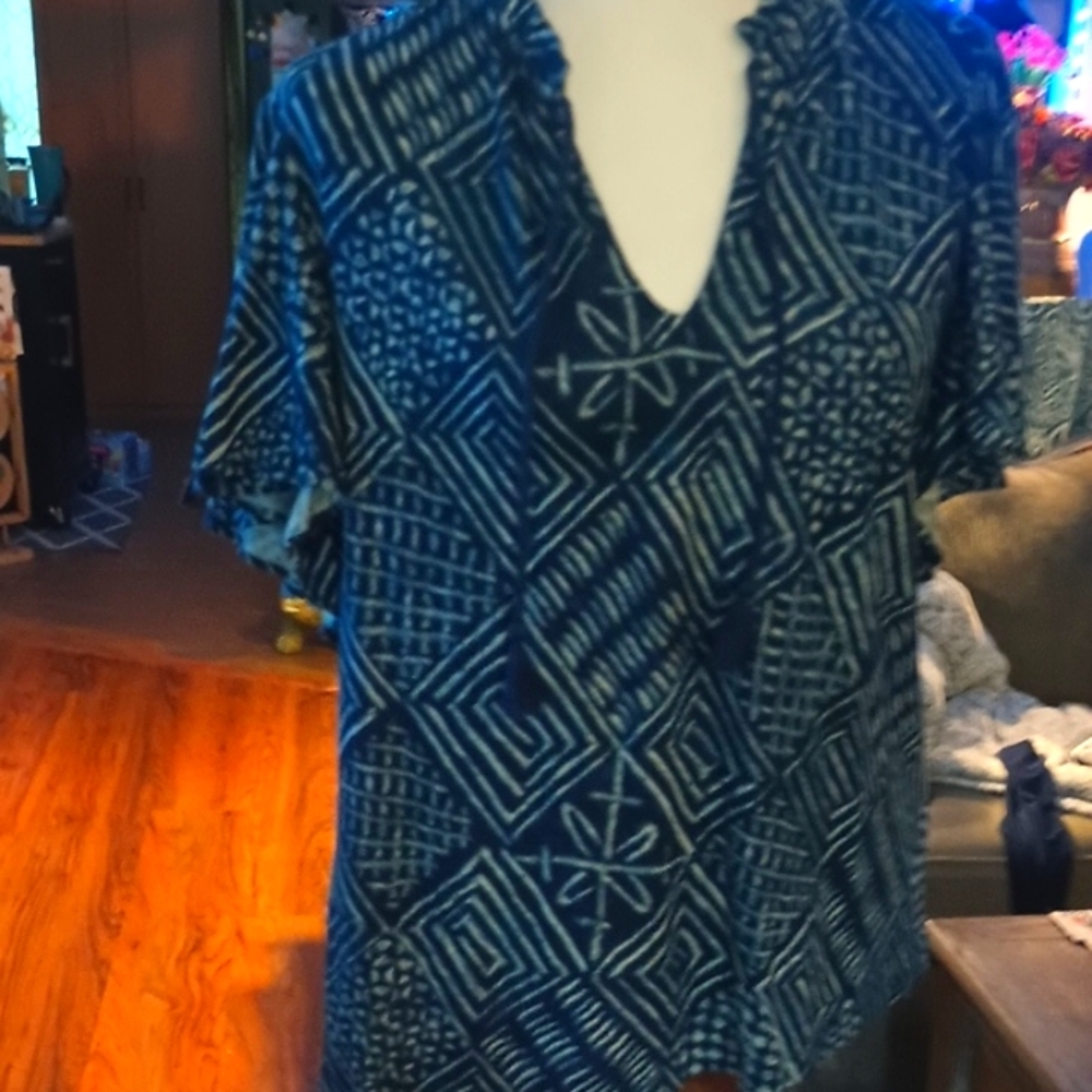 Ralph Lauren Navy Blue Geometric Print Women's Top Size XL